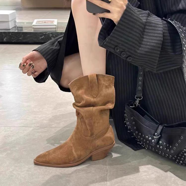 2025 Autumn/Winter Men's Suede Chunky Heel Pointed Toe Boots - Mid-Heel Ankle, Mid-Calf, High-Heel Slouch, Western Cowboy Styles