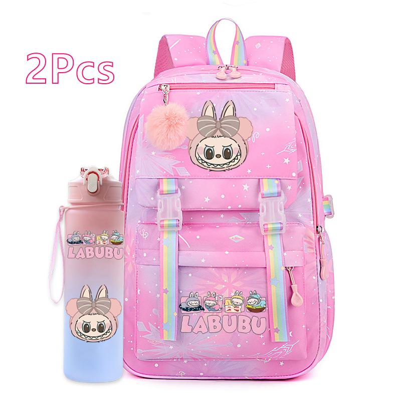 2Pcs/set Cute Printed Backpack with 750Ml Outdoor Sports Water Bottle Student Girl Boy Schoolbag Large Capacity Travel Bag Gift