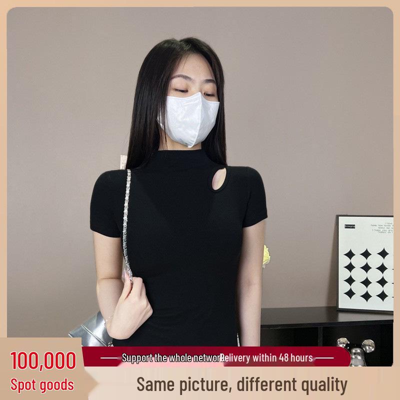 

2024 Women s Black Ribbed Cotton Bodycon T-Shirt - Half High Neck, Short Sleeve S (Recommended below 85 jin)