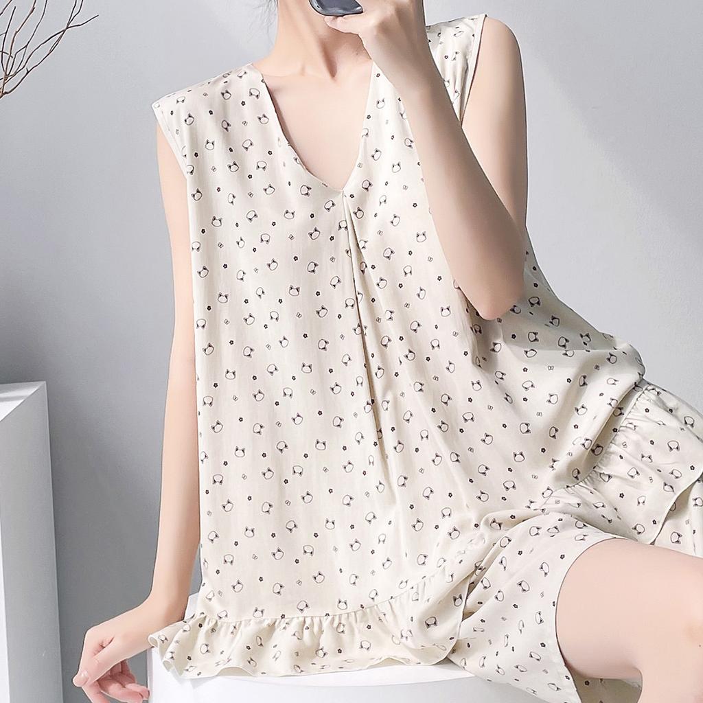 Anti-bumping summer cotton and silk floral sleeveless loungewear set, women's pajamas with chest pads can be worn outside, loose two-piece set