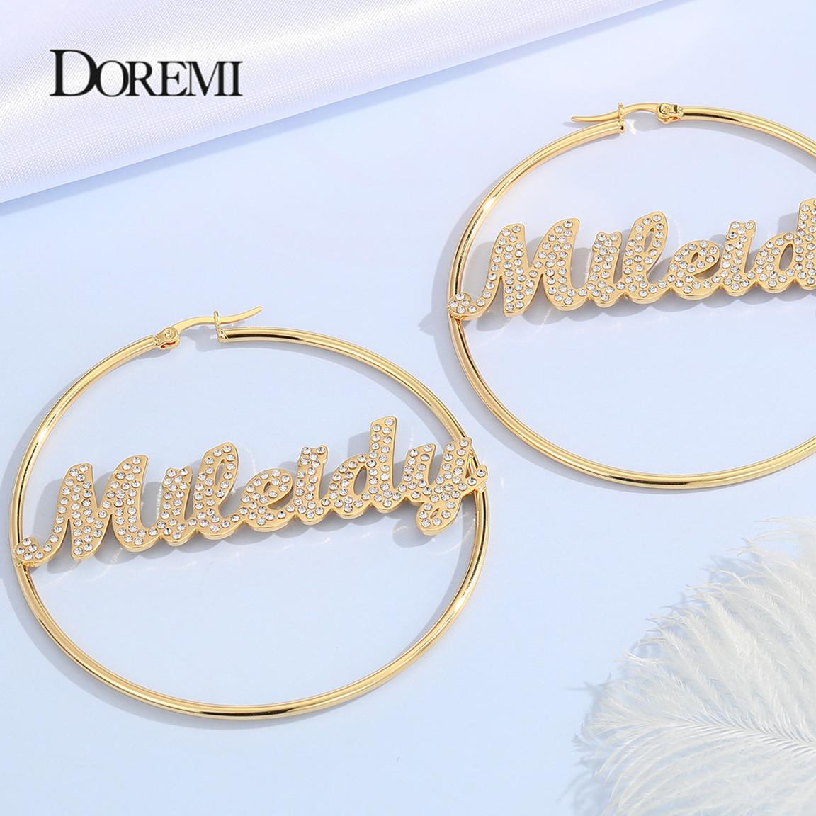 DOREMI Stainless Name Hoops Earrings Custom Big Hoop Crystal Earrings Letter Personalized Earring Women Valentine s Day Gift 40mm золотой