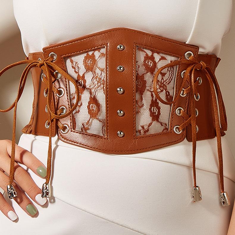 Lace Women'S Belt Wide Elastic Elastic Waist Decoration With Dress Shirt With Ruffle Edge Waist Seal Black