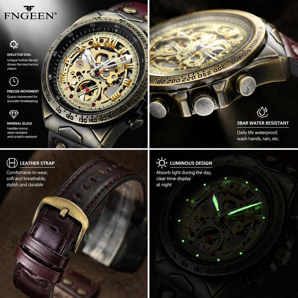 Business Casual Mechanical Wristwatch for Men Leather Band 41mm Case Water Resistant Luminous