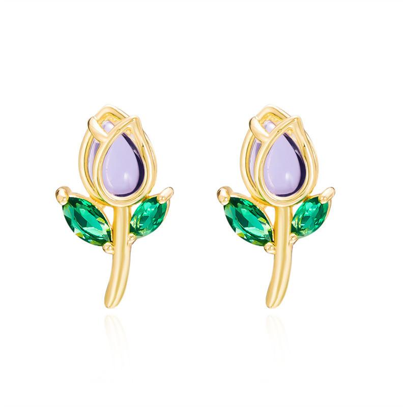 Romantic Tulip Flower Stud Earrings For Women Copper Glass Spring Jewelry