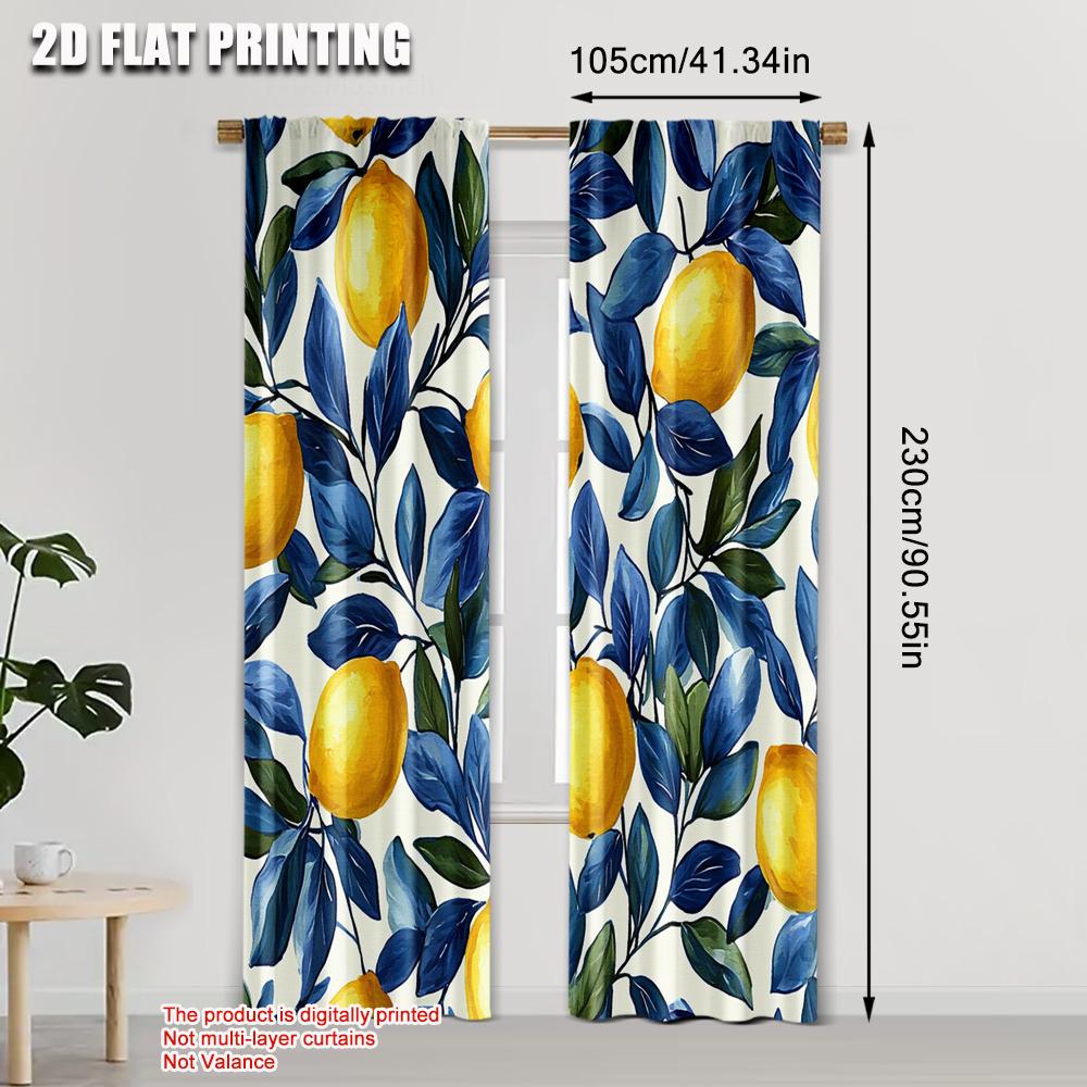 Blackout Curtain Popular Print Lemon Leaf Versatile Polyester Without Rod Thermal Insulation Functions Set Of 2 Made Washable