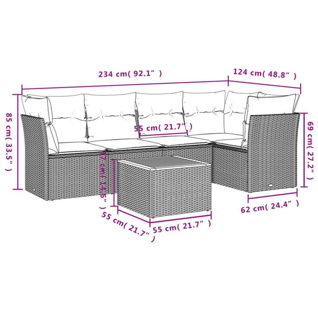 6 piece Garden Sofa Set with Cushions Grey Poly Rattan