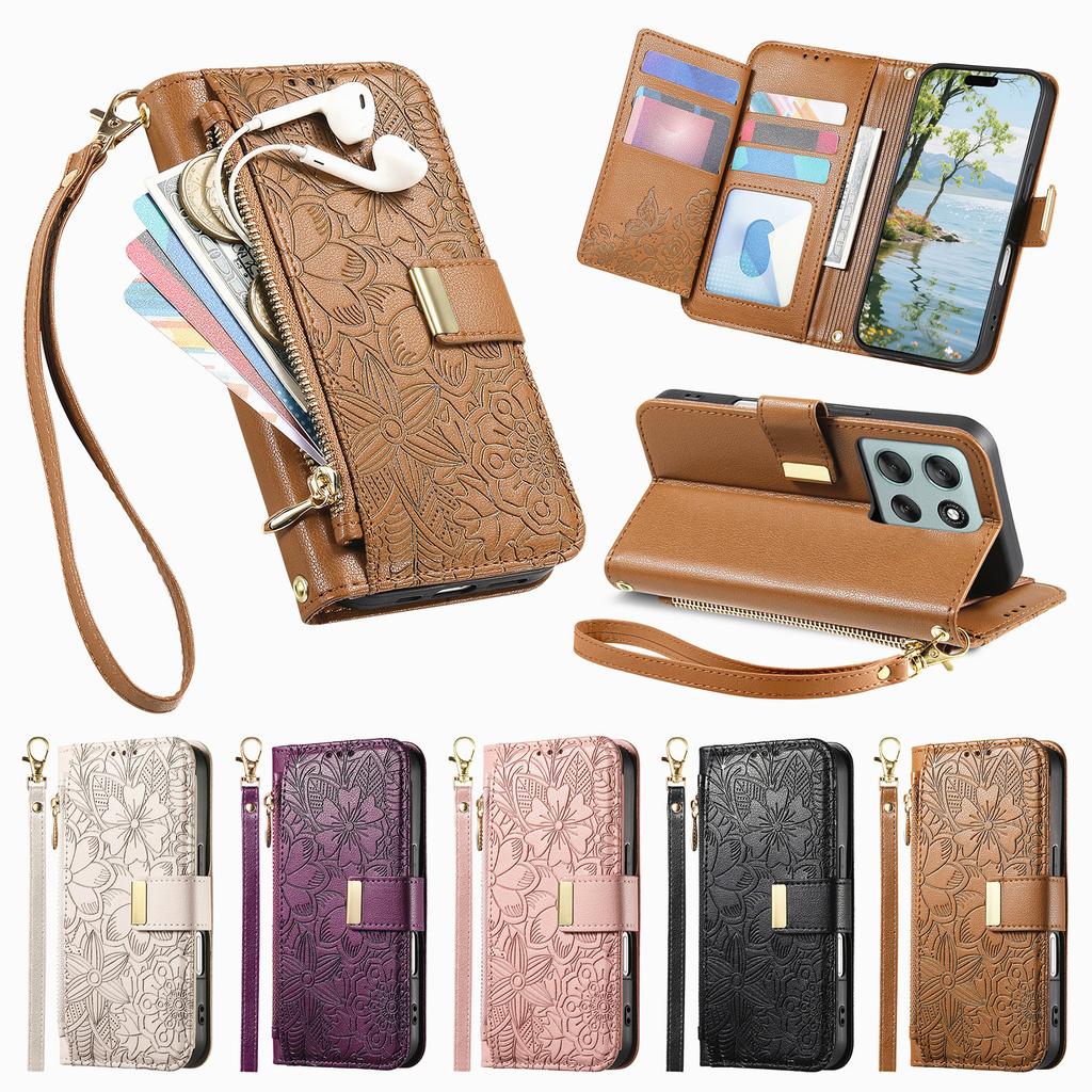 Floral Leather Wallet Case for Motorola Moto E15/G05/G15/G75/G85...Vintage All-in-One Card Holder w/Stand, Magnetic Closure & Wrist Strap