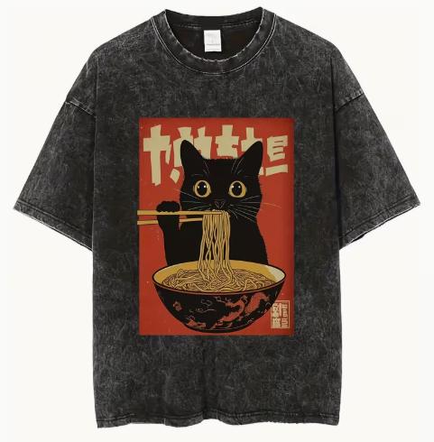 

Retro Style Womens Tshirt Printed with cat Shadow Print Short Sleeved Round Neck Pre Washed Top Very Casual Outdoor Tshirts S