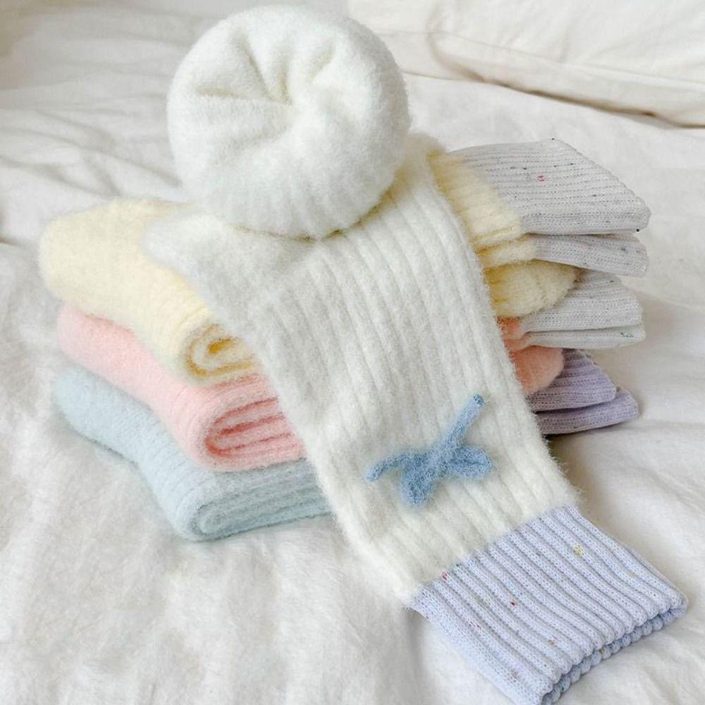 Soft Plush Sleep Socks Bowknot Warm Home Socks Simple Middle Tube Socks  Indoor Use