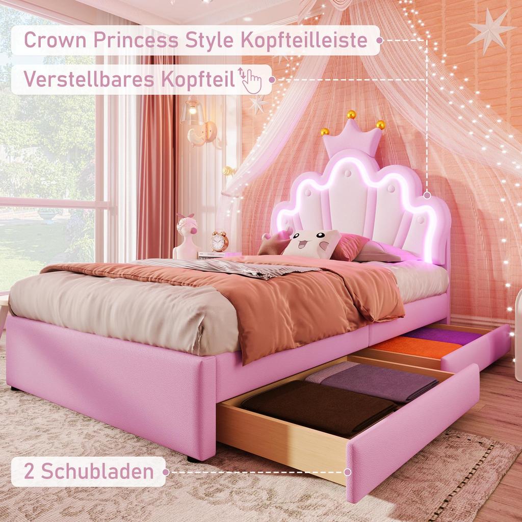 Children's Bed Girls Crown Single Bed with Adjustable Headboard, LED Strip, Slat Base and 2 Drawers, Made of PU Leather  (without Mattress), Pink