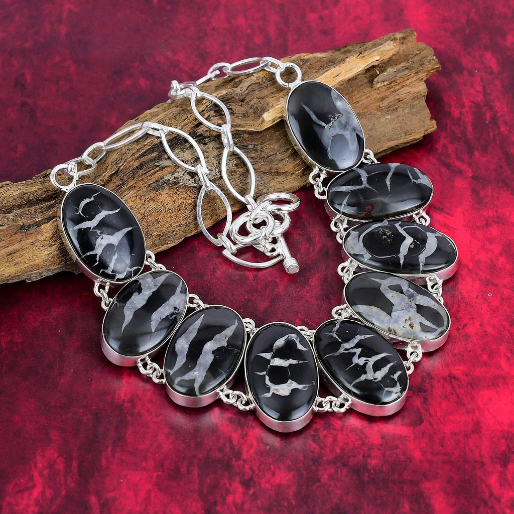 Septarian Fossil Designer Jewelry, 925 Solid Sterling Silver Bracelet & Necklace, Handmade Beautiful Jewelry,For Anniversary Gift
