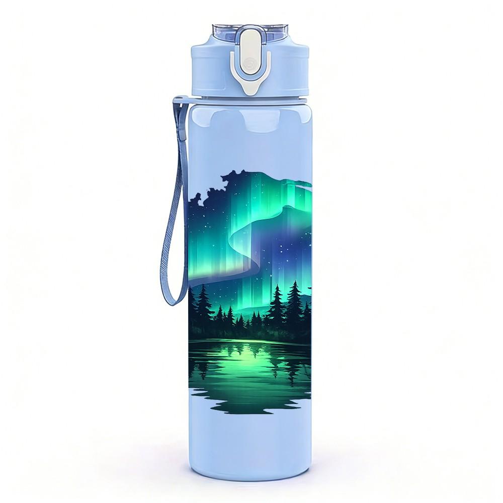 1PC Aurora Borealis Night Sky Scenery Print 750ml Color Plastic Sports Water Bottle Leakproof Flip Straw Lid Suitable for Sports Office Home Use