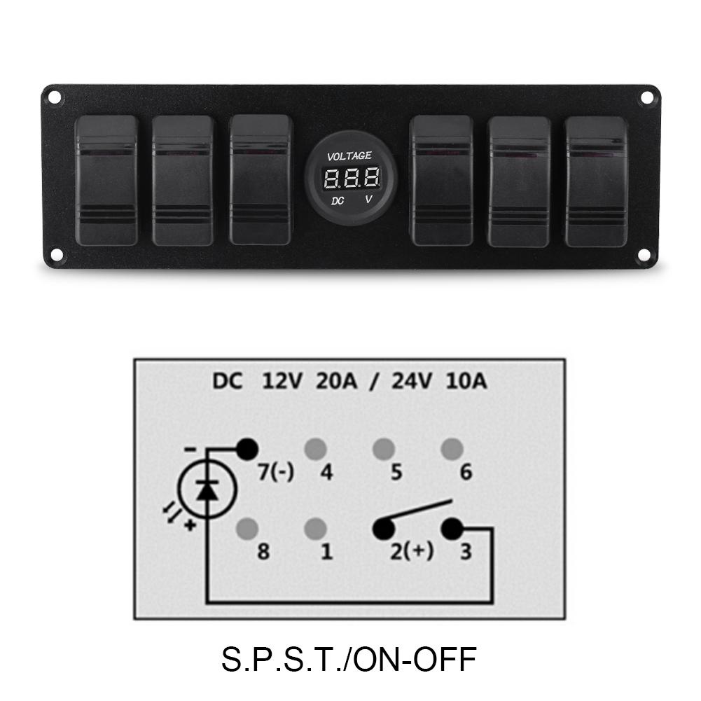 6 Gang Red LED Rocker Switch Panel with Voltmeter for Car RV Boat Yacht Marine 12V-24V