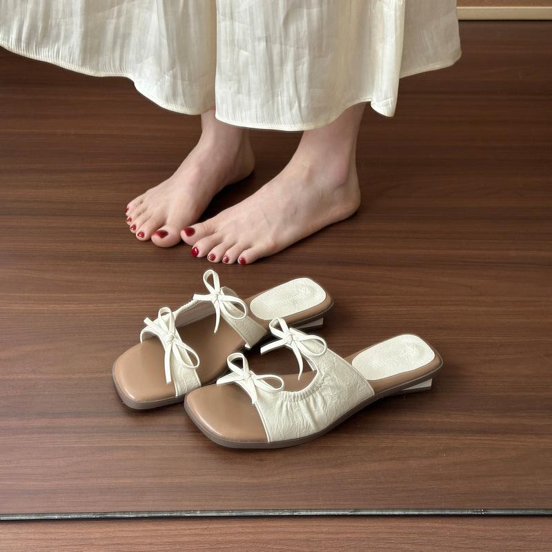 Fairy Wind Bow Outer Slippers Female 2025 Summer New Versatile Thick Heel Square Toe One-word Cool Slippers
