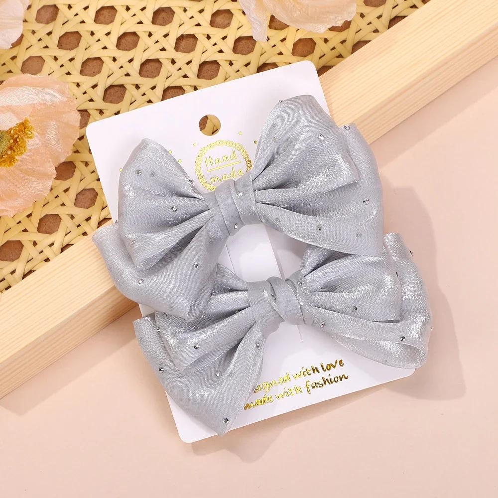 RAINBOW BOWS 2Pcs Yarn Bow Hair Clip Solid Crstal Bowknot Hairgripes for Girls Elegant Womens Boutique Hair Accessories