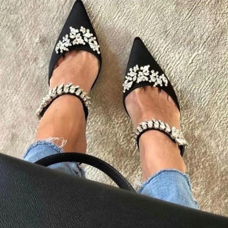 Fashion Beautiful Word With Wheat-Ear Rhinestones Pointed Sandals Silk Satin Covered Head High Heels Half Slipper Woman