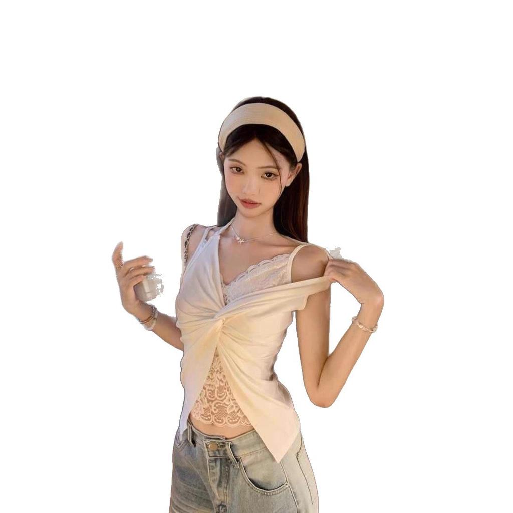 French haute design lace splicing fake two-piece neck sling vest summer pure desire V-neck sleeveless top
