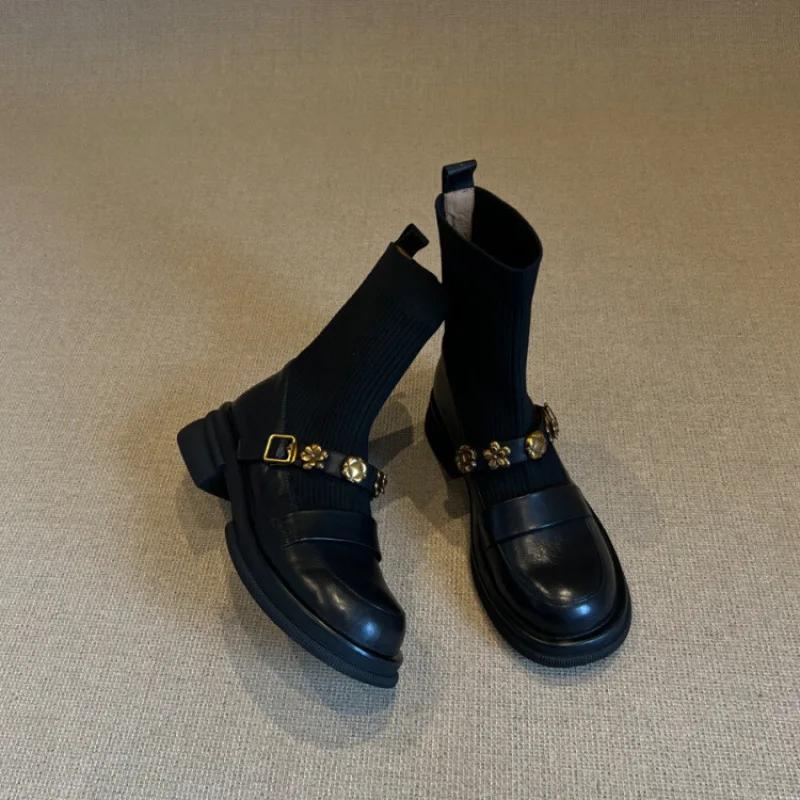Fashion Elastic Knitted Short Boots Women's Round Toe Thick Bottom Metal Buckle Retro College Style Autumn Winter Fashion Casual Boots