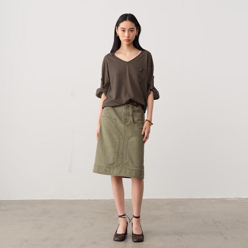 GREEN BELT Women's Loose V-Neck 3/4 Sleeve T-Shirt