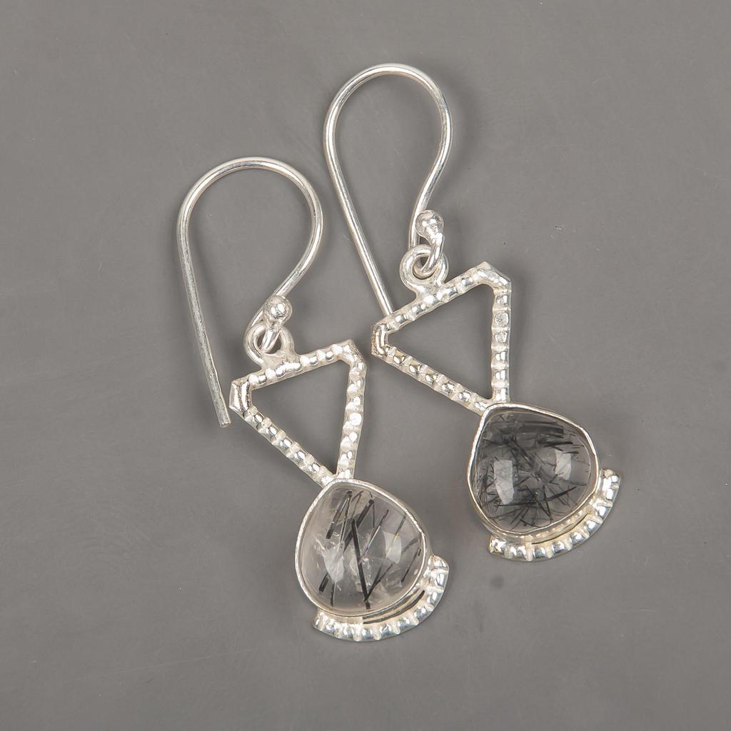 Schmuck mit schwarzem Rutil-Edelstein, Ohrringe aus massivem 925er Sterlingsilber, wunderschöne Silberohrringe, handgefertigter böhmischer Schmuck als Hochzeitsgeschenk