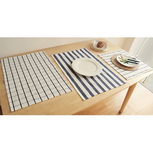 100% Cotton Placemats, Stylish, Scandinavian, Western-Style, Restaurant-Style, Non-Slip, Friction-Resistant, Gorgeous Blue Gingham Stripe Pattern, Mac
