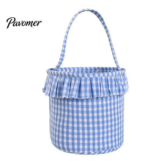 Trick or Treat Baskets Halloween Basket, Plaid Ruffle Candy Bucket with Handle Bags for Kids Kids, Reusable Gingham Fabric Storage Basket Party Favors