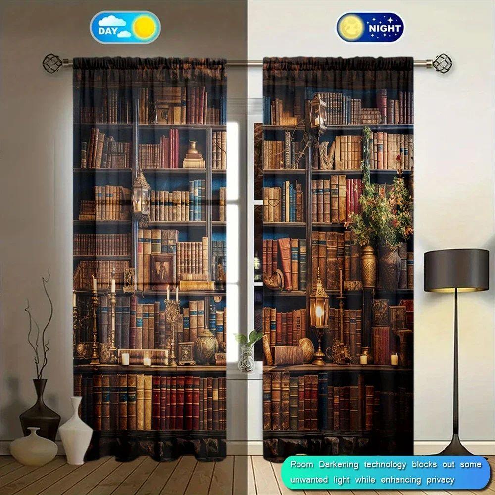 VIKAMA Blackout Curtains Vintage Bookshelf Art Print Curtains Study/Living Room/Bedroom Decorative Curtains Home Furnishings