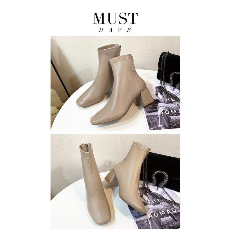 Women's Boots, Winter Square Head Back Zip Short Boots, Women's Chunky Heel Middle Heel Boots Women