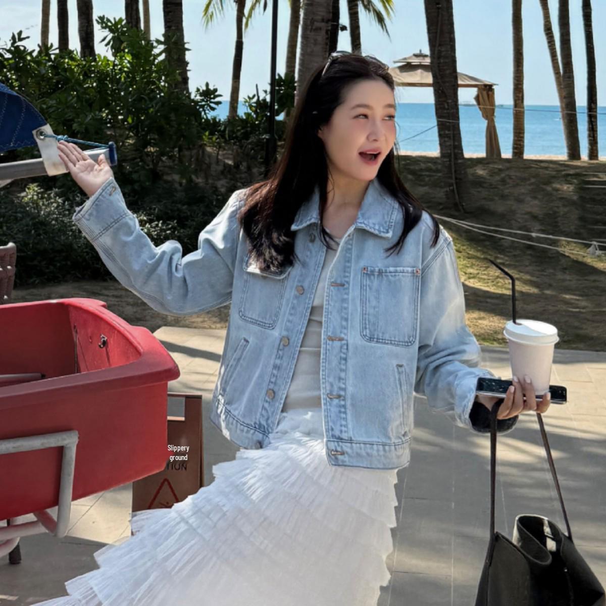 TTOO VOUIS Women s Spring Washed Loose Denim Cropped Jacket with Lapel and Long Sleeves