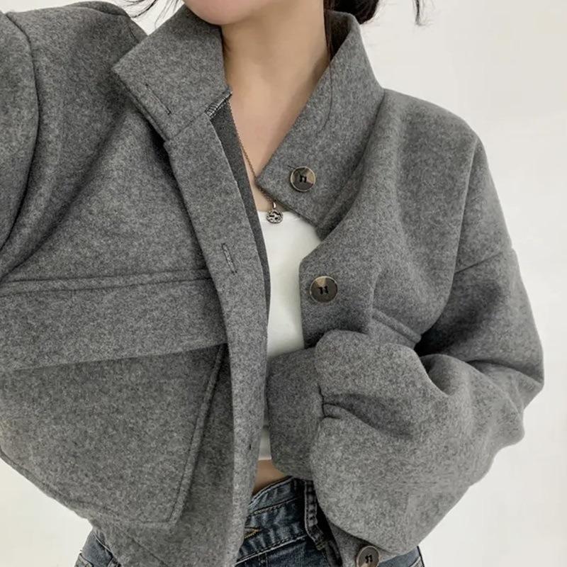 Autumn and Winter Fashion Stand-up Collar Women Short Coats Loose Casual Long Sleeve Office Shirt Ladies Elegant Simple Pockets Jackets Clothing