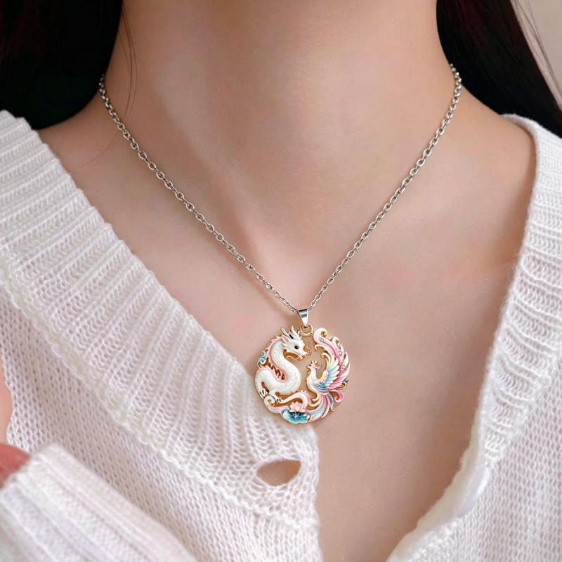 Nine Tailed Fox Enamel Pendant Necklace Colorful Hand-Painted Chinese Mythology Jewelry for Women Thanksgiving Gift
