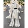 Pure Desire Style Sexy Lace Short Hanging Neck Sling + Contrast Color Stripe Gyaru High Waist Slimming Wide Leg Pants Two-piece Set