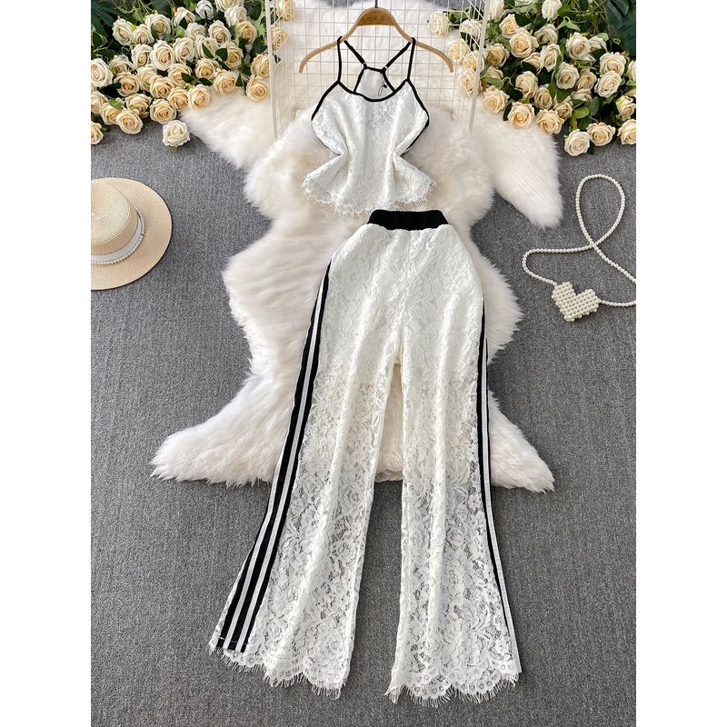 Pure Desire Style Sexy Lace Short Hanging Neck Sling + Contrast Color Stripe Gyaru High Waist Slimming Wide Leg Pants Two-piece Set