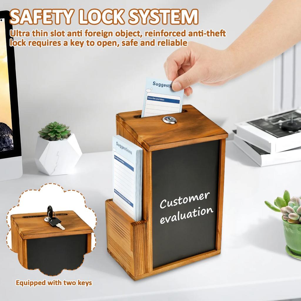 Suggestion Box Wood Donation Box with Slot and Erasable Chalkboard Multipurpose Safe Donation Box for Office School Restaurant
