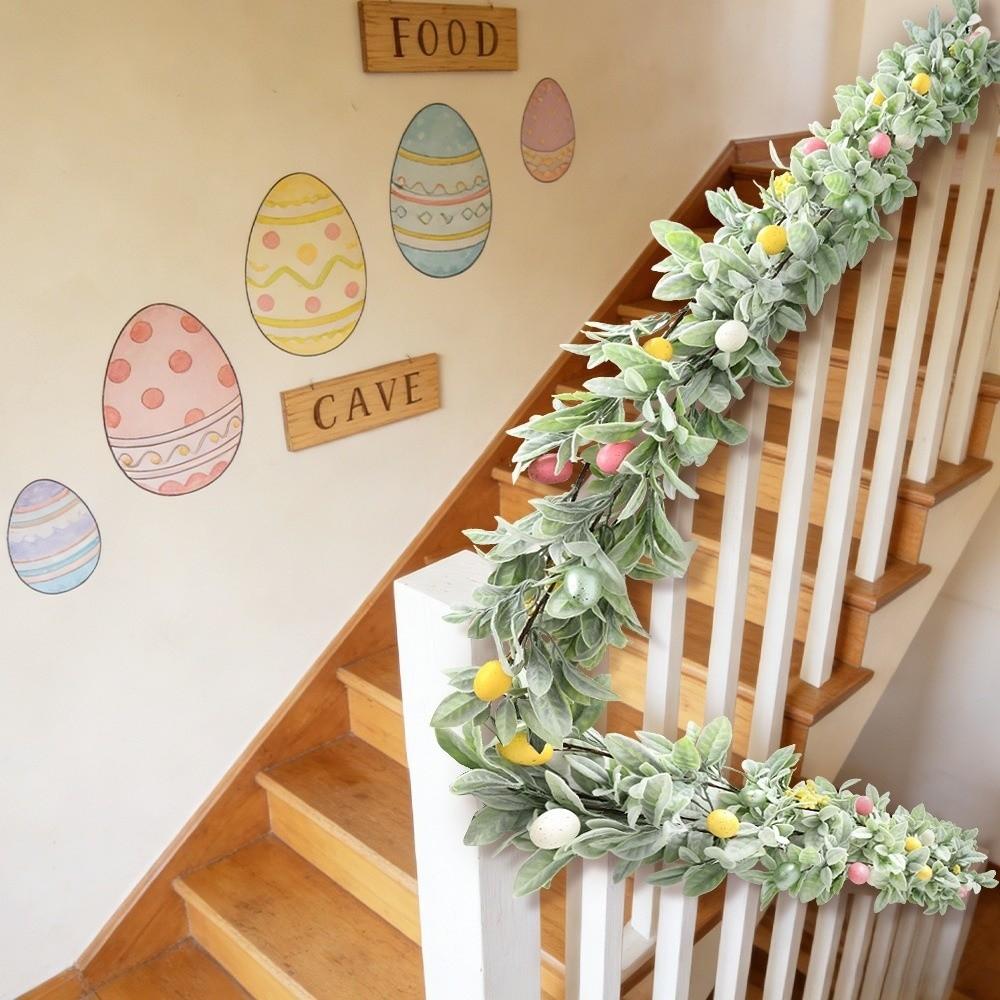 Colorful Eggs Easter Egg Garland Realistic Faux Green Leaf Vine  Front Door Decor