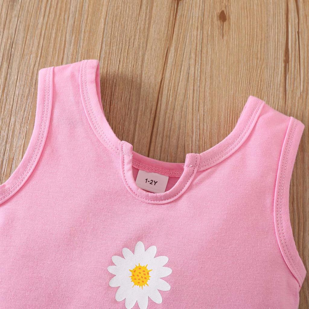 Girls 2 Piece Outfit 1-8Y Pink Sleeveless Tank Top with Striped Shorts Set Kids Summer Floral Clothing Sets