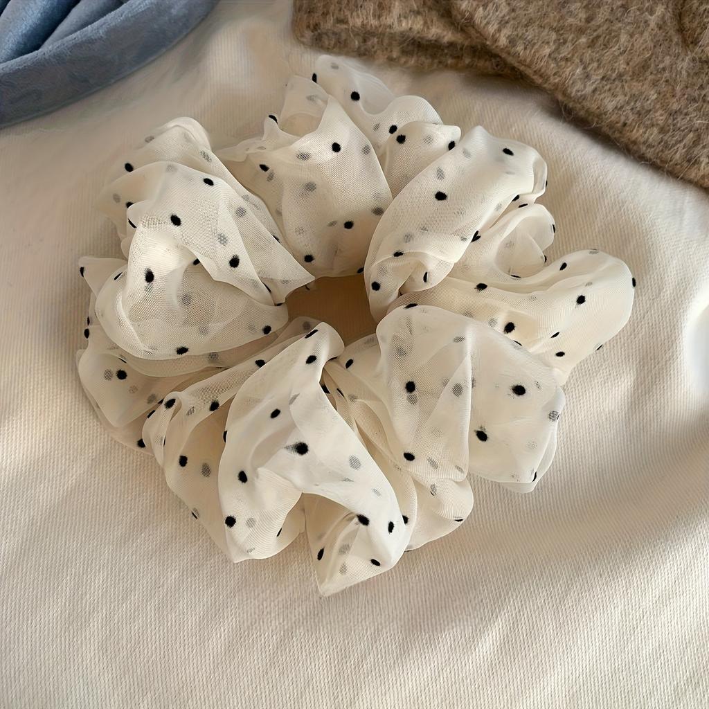 Elegant Cream Polka Dot Mesh Hair Scrunchie for Women - Soft, Breathable, Non-Slip Headband with Floral Design, Perfect for Daily Hair Accessory