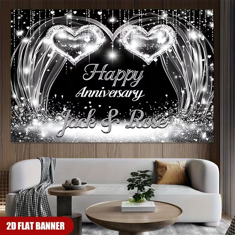 2D Black Silver Glitter Anniversary Backdrop Cloth for Couple Party Photo Booth Background