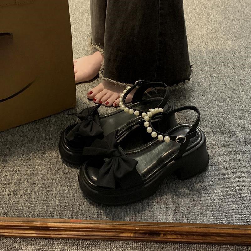 

Женская обувь Полные ноги, платформа жемчужный бант босоножки с открытым носком Сказочный стиль маффин Римские туфли 43 чёрный
