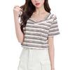 Retro striped V-neck short-sleeved T-shirt women's summer 2026new contrasting colors irregular niche thin front shoulder t-shirt top