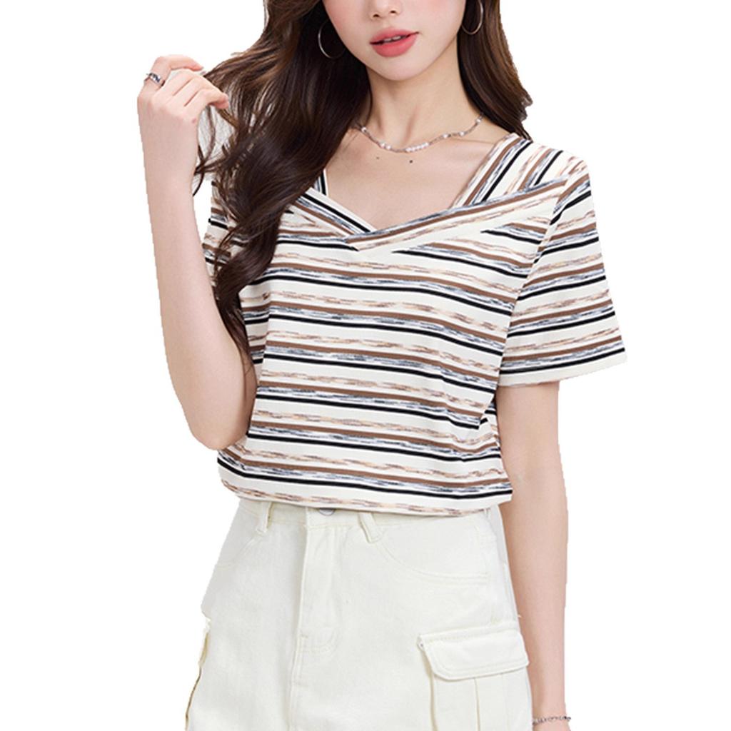 Retro striped V-neck short-sleeved T-shirt women's summer 2026new contrasting colors irregular niche thin front shoulder t-shirt top