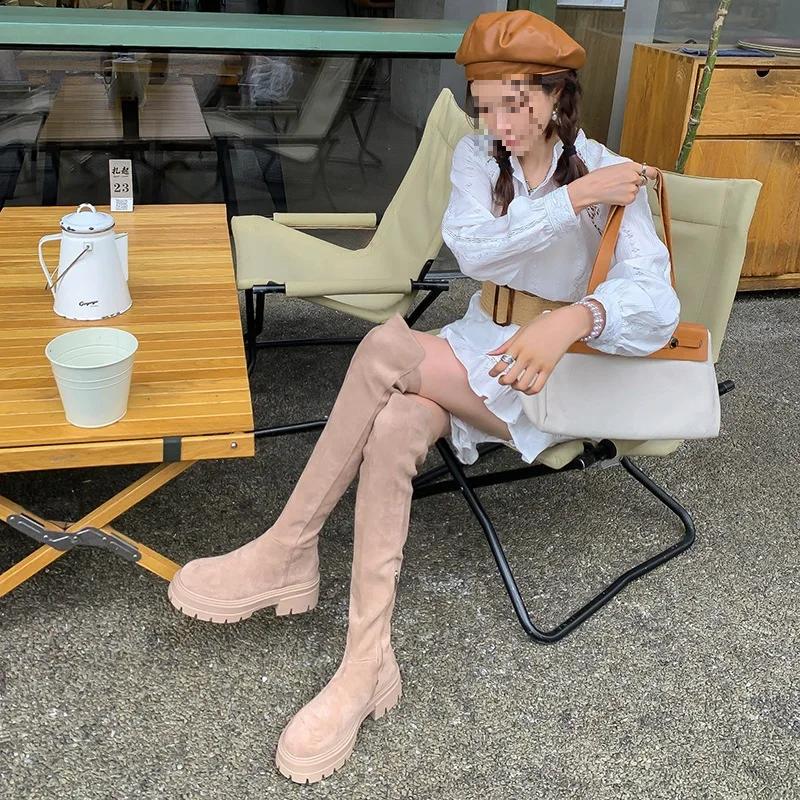 Platform Knee High Boots for Women Autumn Winter Slip On Leather Boots Woman Elastic Thick Soled Over Knee Botas