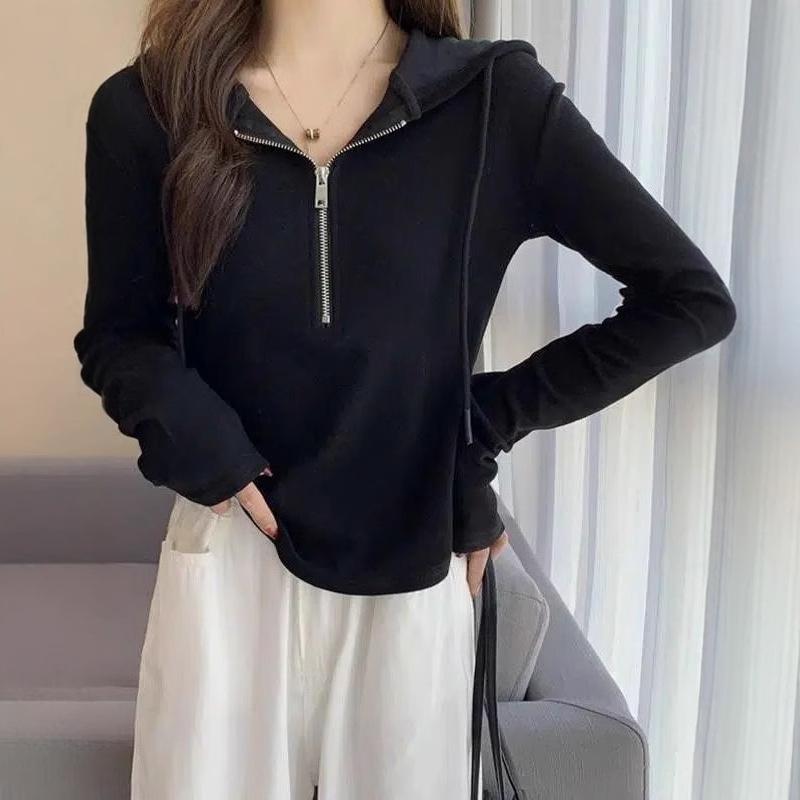 Women's Spring Autumn Hooded Half-Zip Long Sleeve Ribbed Slim Fit Top