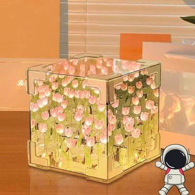 DIY Infinity Mirror Tulip Cube LED Lamp - 20 LED Flower Lights, Dual-Purpose Tabletop & Mirror Decor | Gifts for Woman | Valentine Gift
