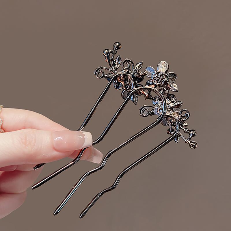 Chinesischer Antikstil Exquisiter Perlen-Strass-Blumen-U-förmiger Haarkamm Damen Elegant Temperament Täglich Metall-Haarnadel