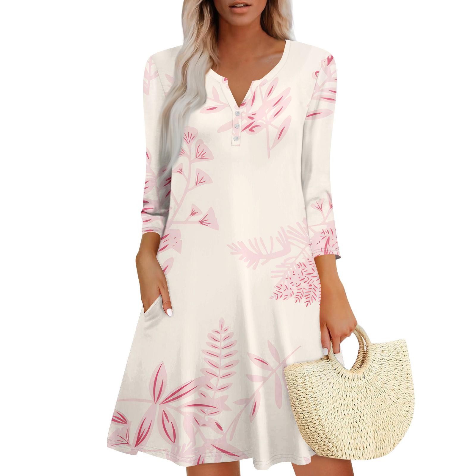 

Женское летнее платье, свободное платье с V-образным вырезом, рукавом три четверти и карманами L бежевый