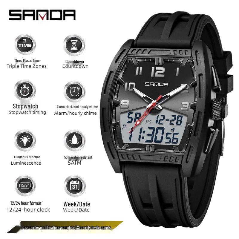 SANDA Men's Waterproof Luminous Sports Watch - Countdown & Multifunctional Barrel-Shaped Electronic Watch with Large Dial