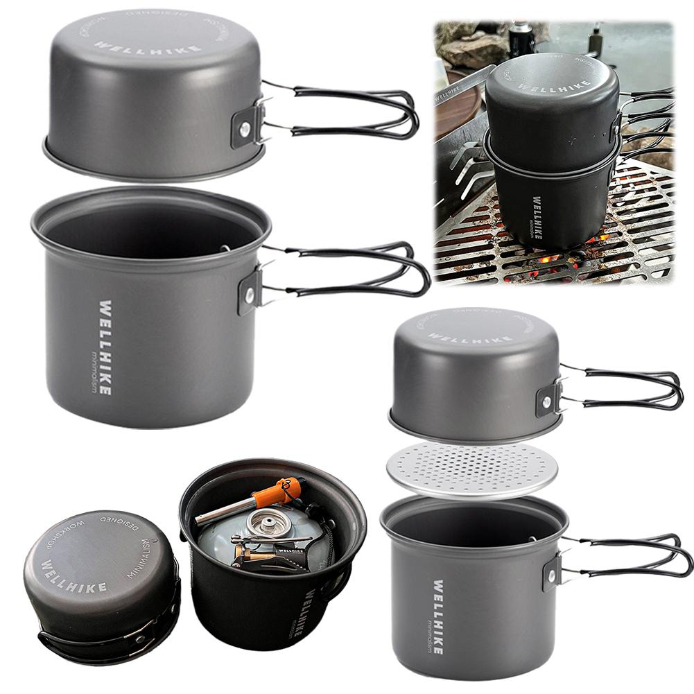 2 Stück Camping Kochgeschirr Topf mit Griff Reise Geschirr Topf Aluminiumlegierung Picknick Hitze Kocher für Trekking Wandern
