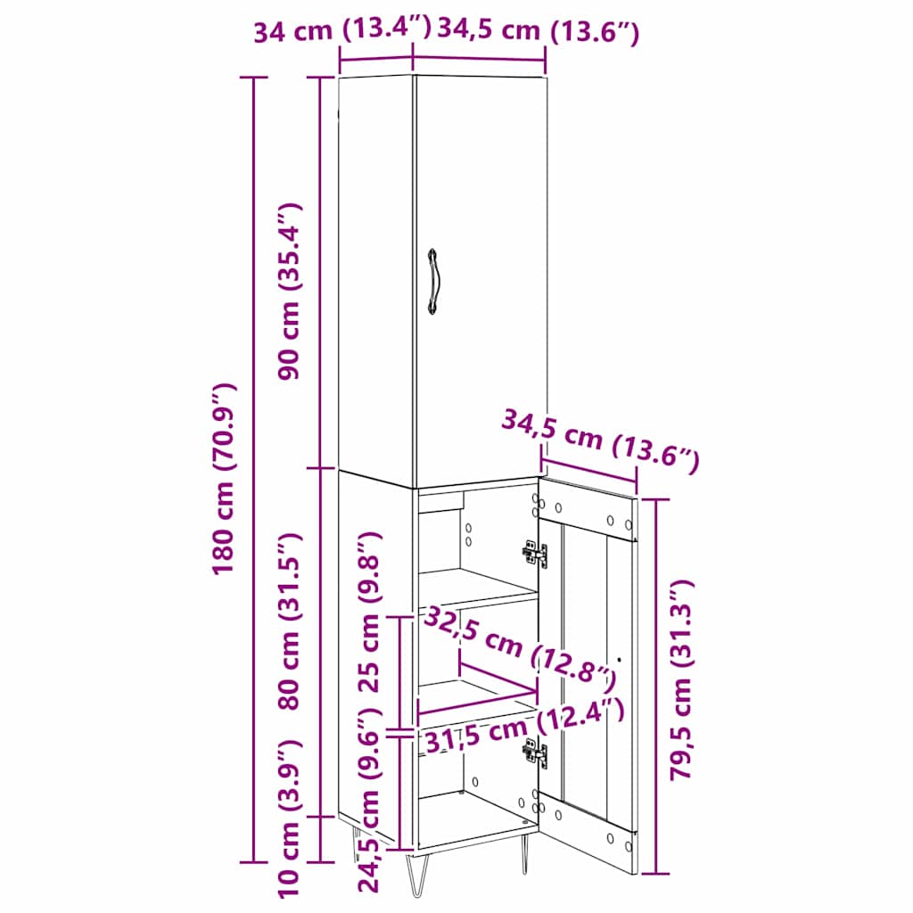 Highboard Reclaimed Wood 34.5 x 34 x 90 cm Engineered Wood