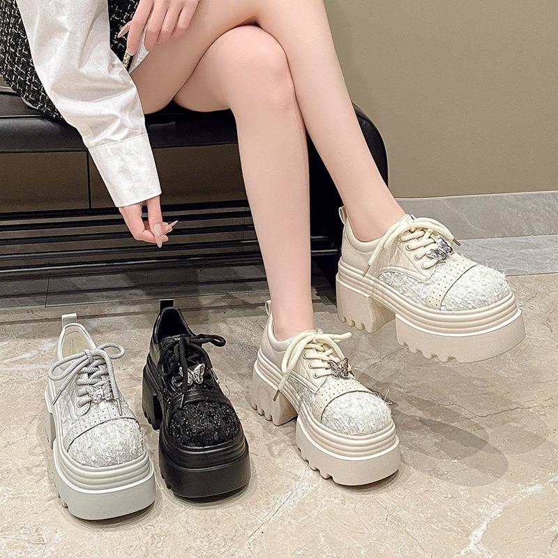 New leather sequined cloth thick sole thick heel lace-up low-top shoes single shoes round head women's shoes